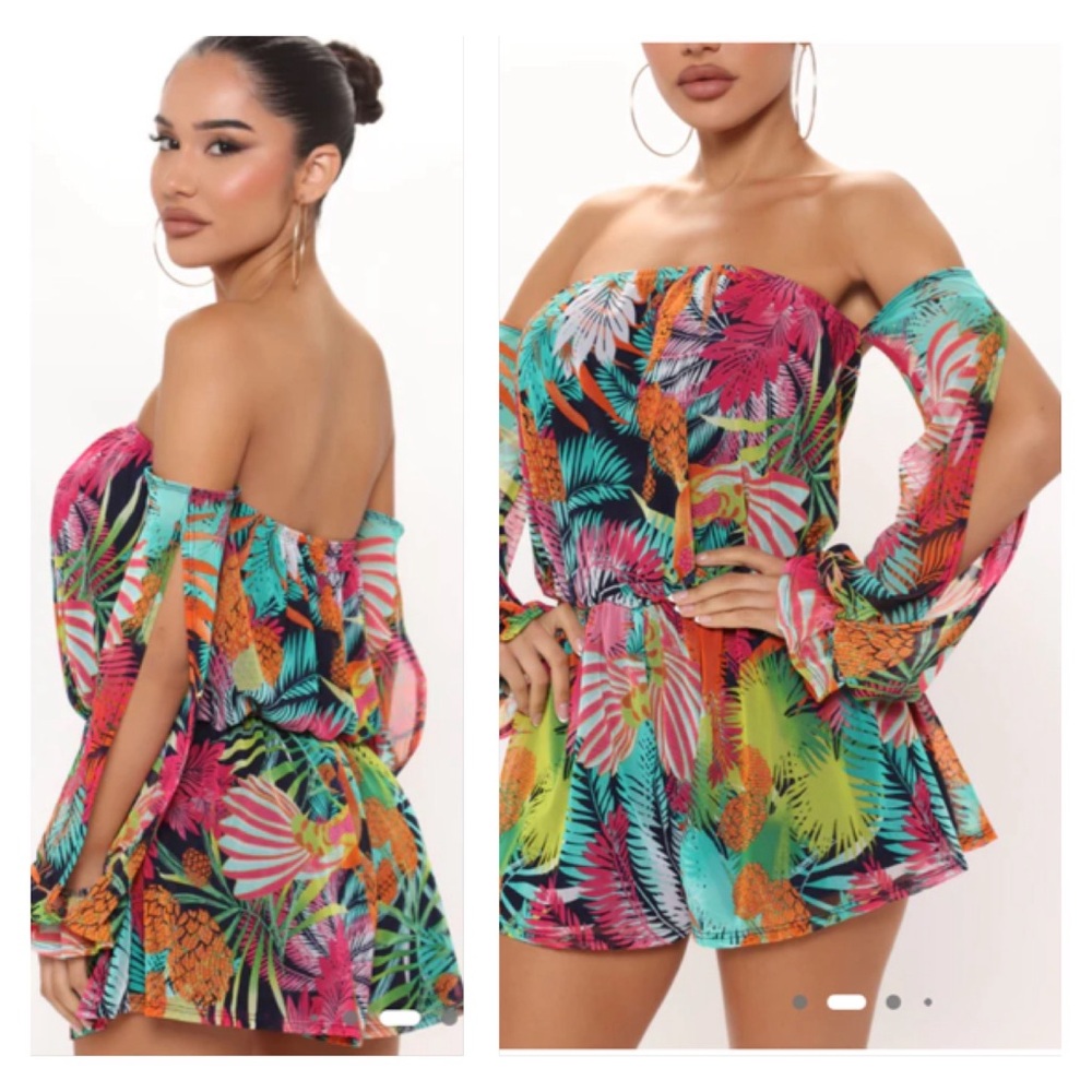 NWT FASHION NOVA Tropical Getaway Romper Off Shoulder Split Sleeve Colorful M - Picture 2 of 12